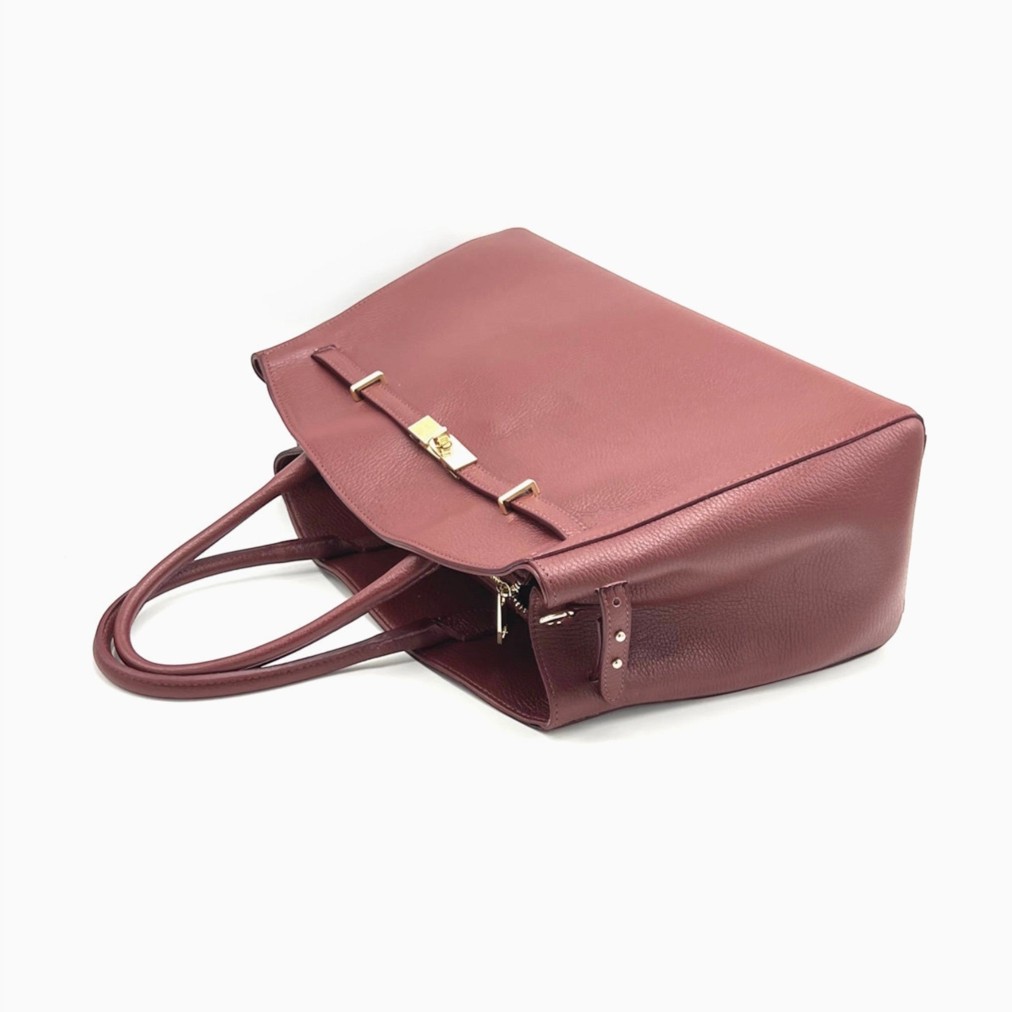 Sac à main XL SUIE VALENTINI en cuir véritable bordeaux, fabriqué à la main en Italie avec fermoir doré.