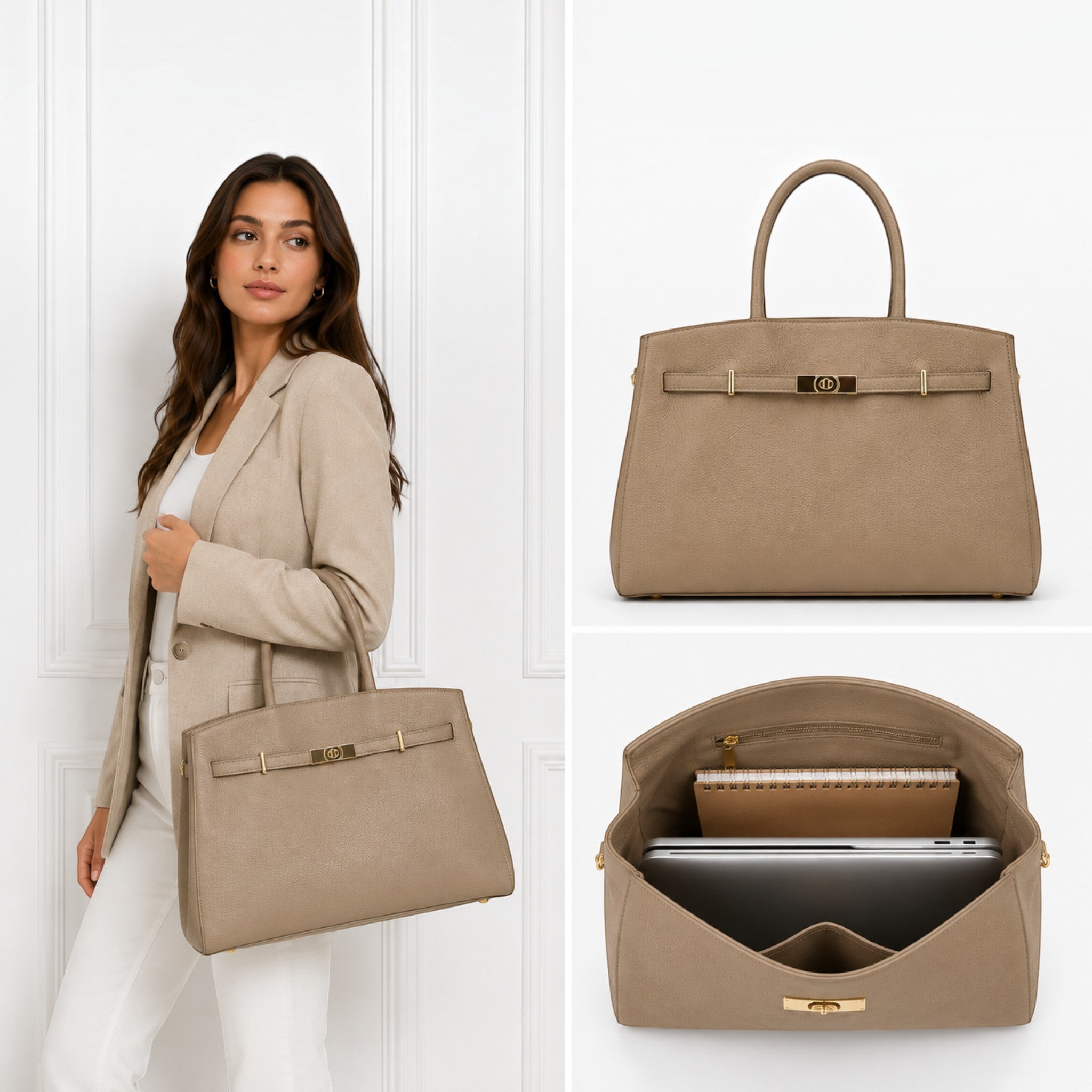 Sac à main XL  SUIE VALENTINI en cuir beige, fabriqué main en Italie avec bandoulière et fermoir doré élégant.