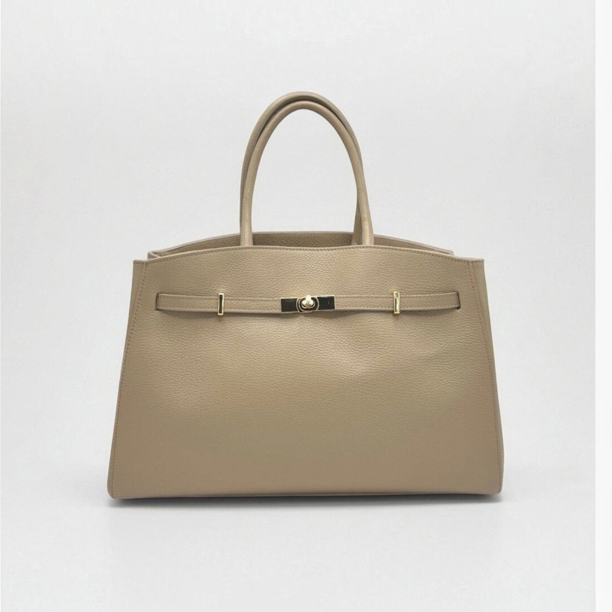 Sac à main XLSUIE VALENTINI en cuir beige grainé, fabriqué en Italie avec fermoir doré et bandoulière.