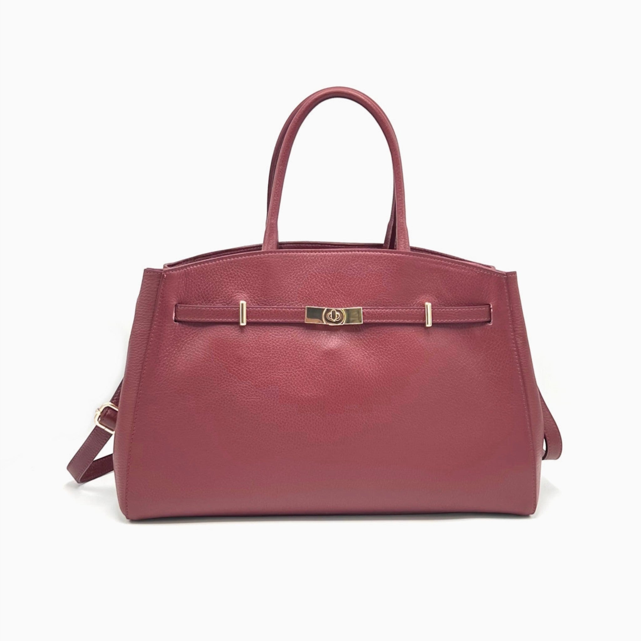 Sac à main XL  SUIE VALENTINI en cuir véritable bordeaux avec fermoir doré et bandoulière réglable, fait en Italie