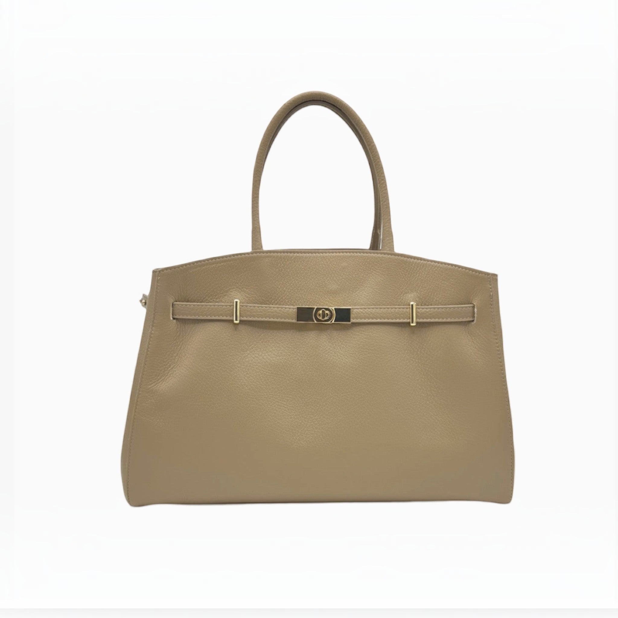 Sac à main XLSUIE VALENTINI en cuir beige grainé, fabriqué en Italie avec fermoir doré et bandoulière.