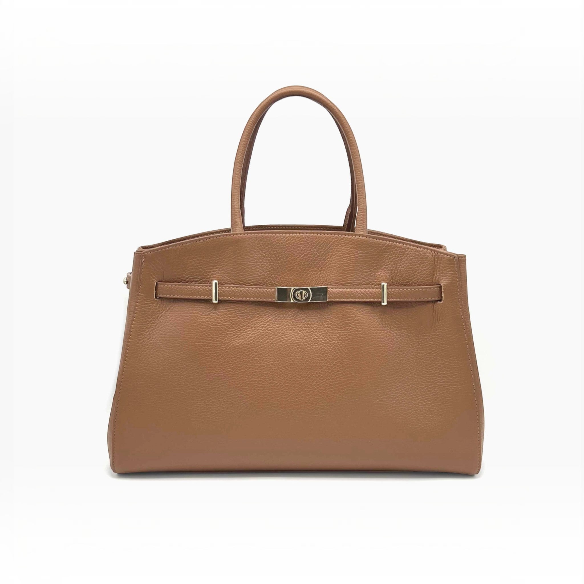 Sac à main XL  SUIE VALENTINI en cuir véritable marron grainé avec fermoir métallique, fabriqué en Italie.