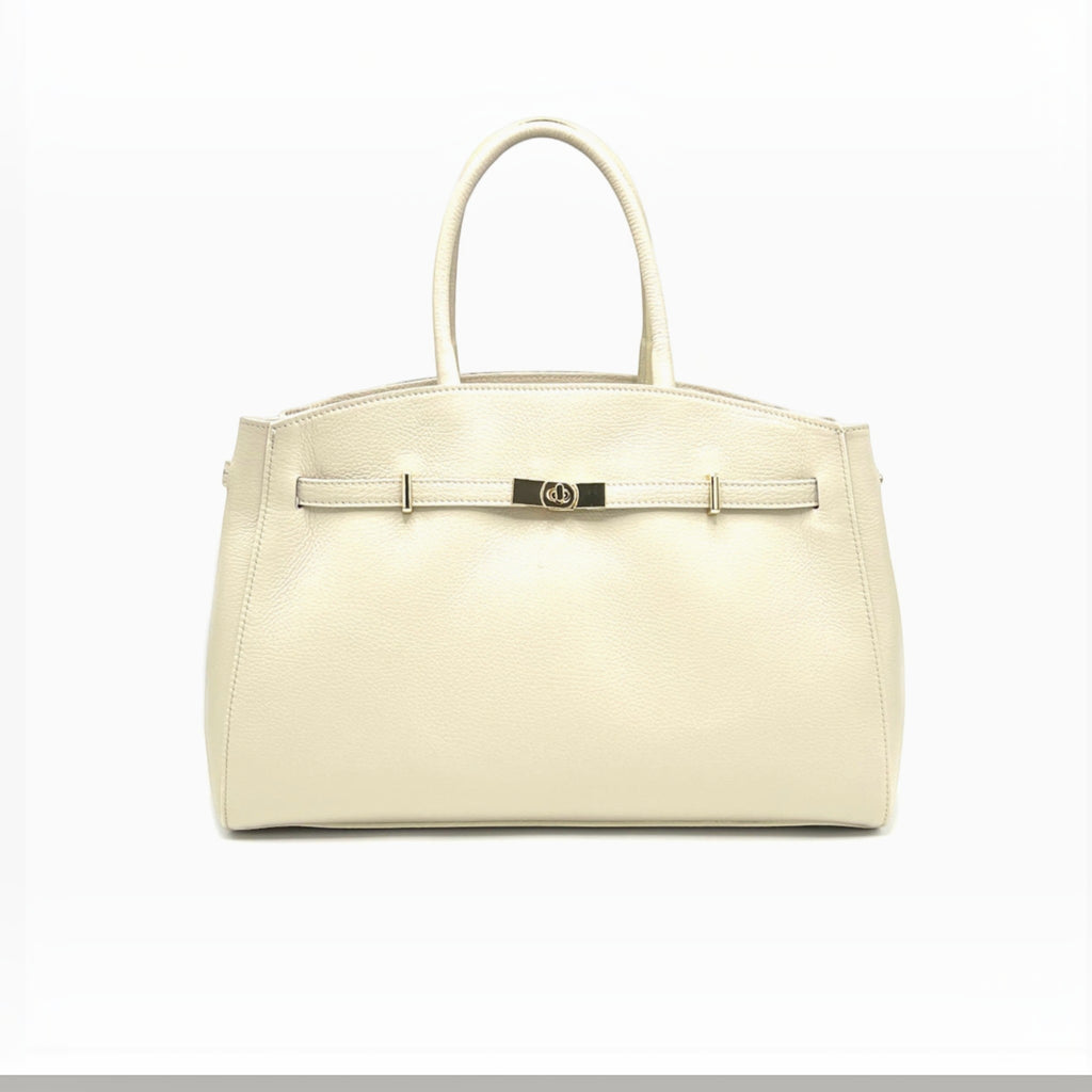 Sac à main XL  SUIE VALENTINI en cuir beige grainé, fabriqué à la main en Italie avec fermoir doré.
