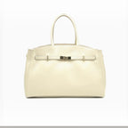 Sac à main XL  SUIE VALENTINI en cuir beige grainé, fabriqué à la main en Italie avec fermoir doré.