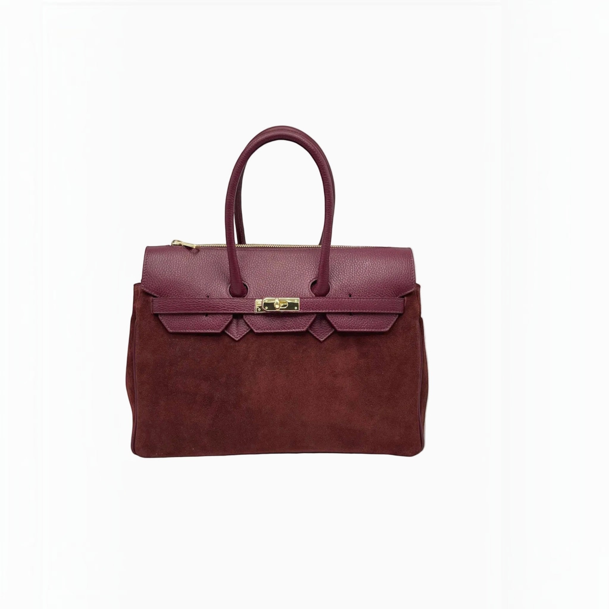 Grand sac à main SUIE VALENTINI en daim et cuir bordeaux, fabriqué à la main en Italie avec fermoir doré.