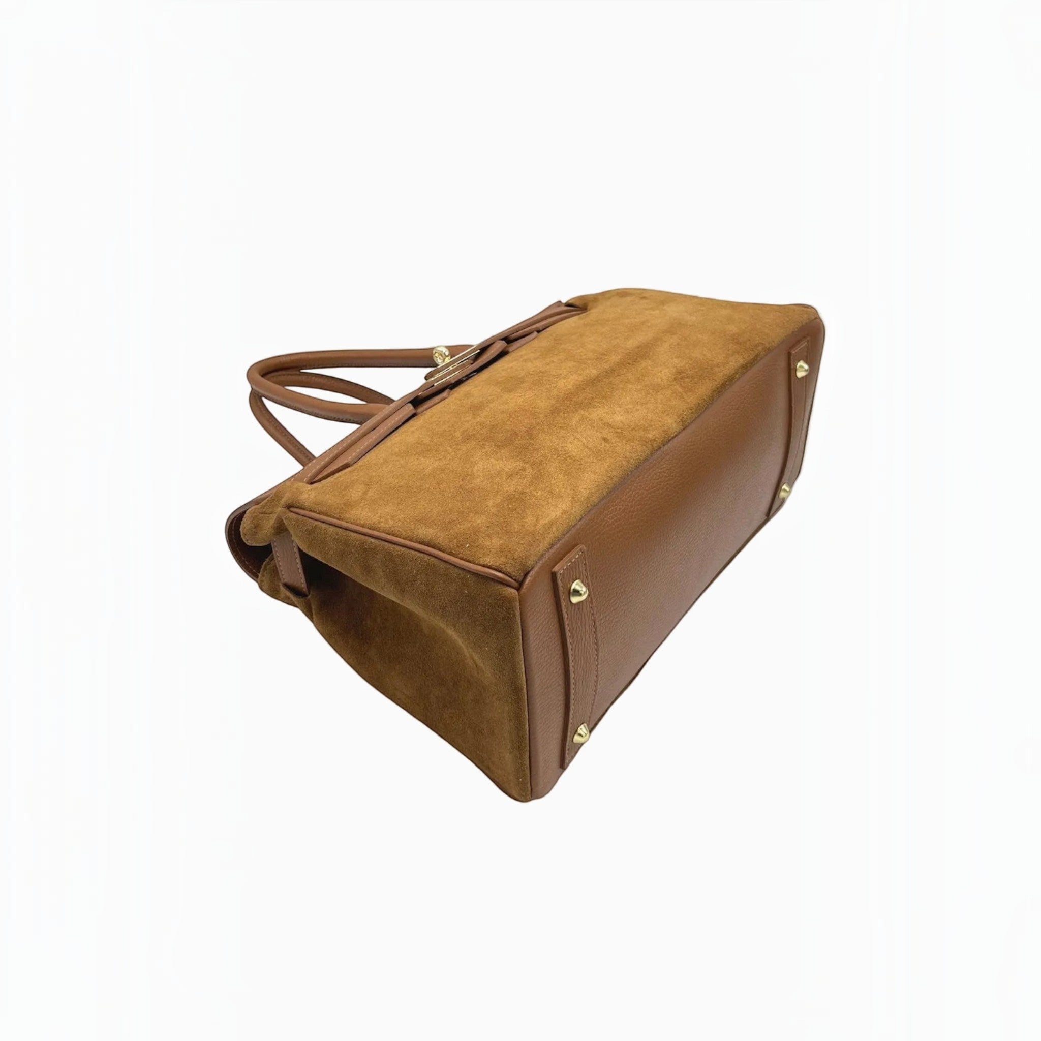 Grand sac à main SUIE VALENTINI en daim et cuir marron, fabriqué à la main en Italie avec détails dorés.