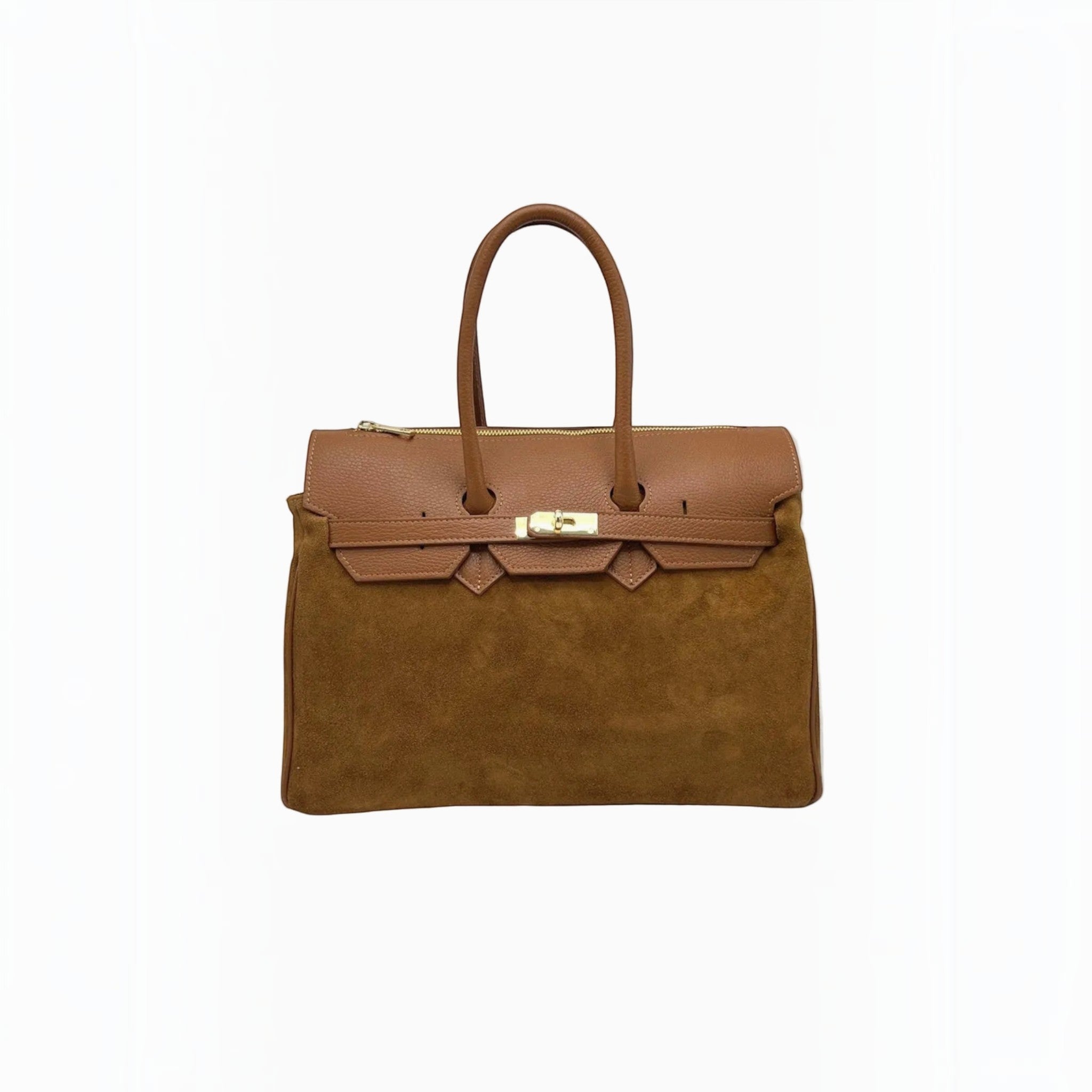 Grand sac à main SUIE VALENTINI en daim marron et cuir grainé, fabrication artisanale italienne avec fermoir.