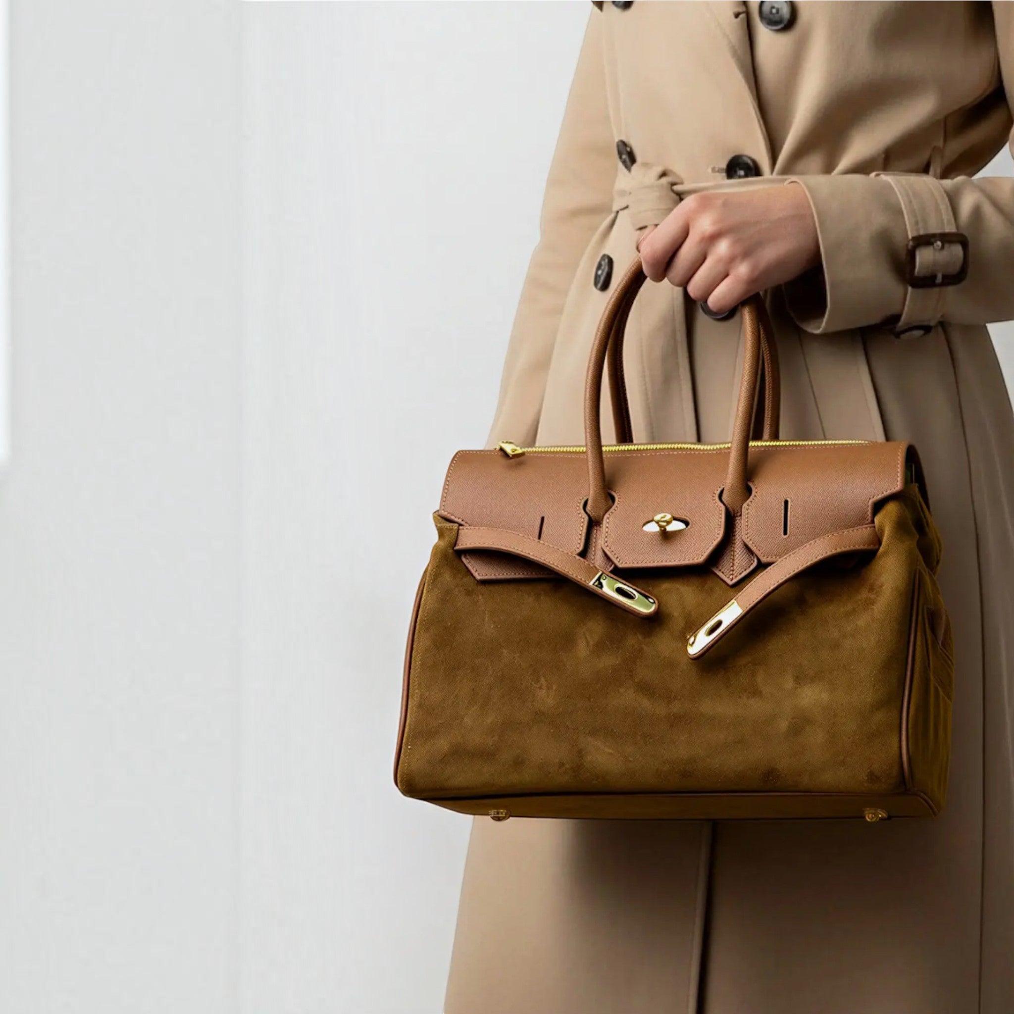 Grand sac à main  SUIE VALENTINI en daim et cuir marron, fabriqué à la main en Italie, porté par une femme.