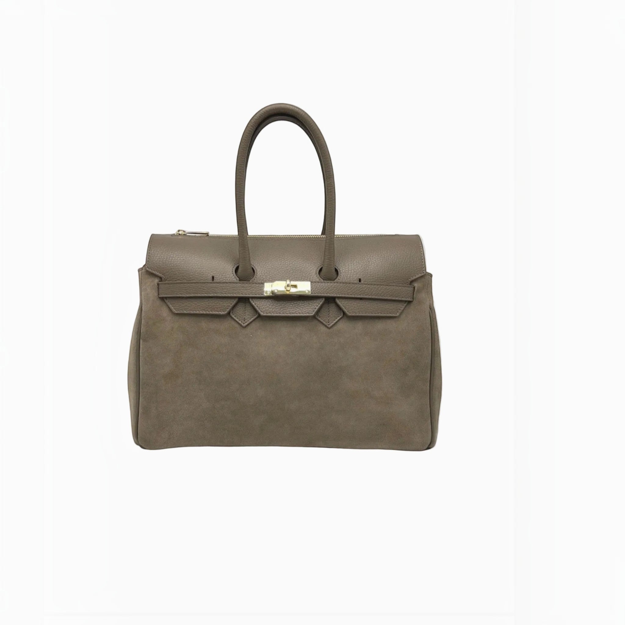 Grand sac à main  SUIE VALENTINI en daim et cuir taupe, fabriqué à la main en Italie avec fermoir doré.