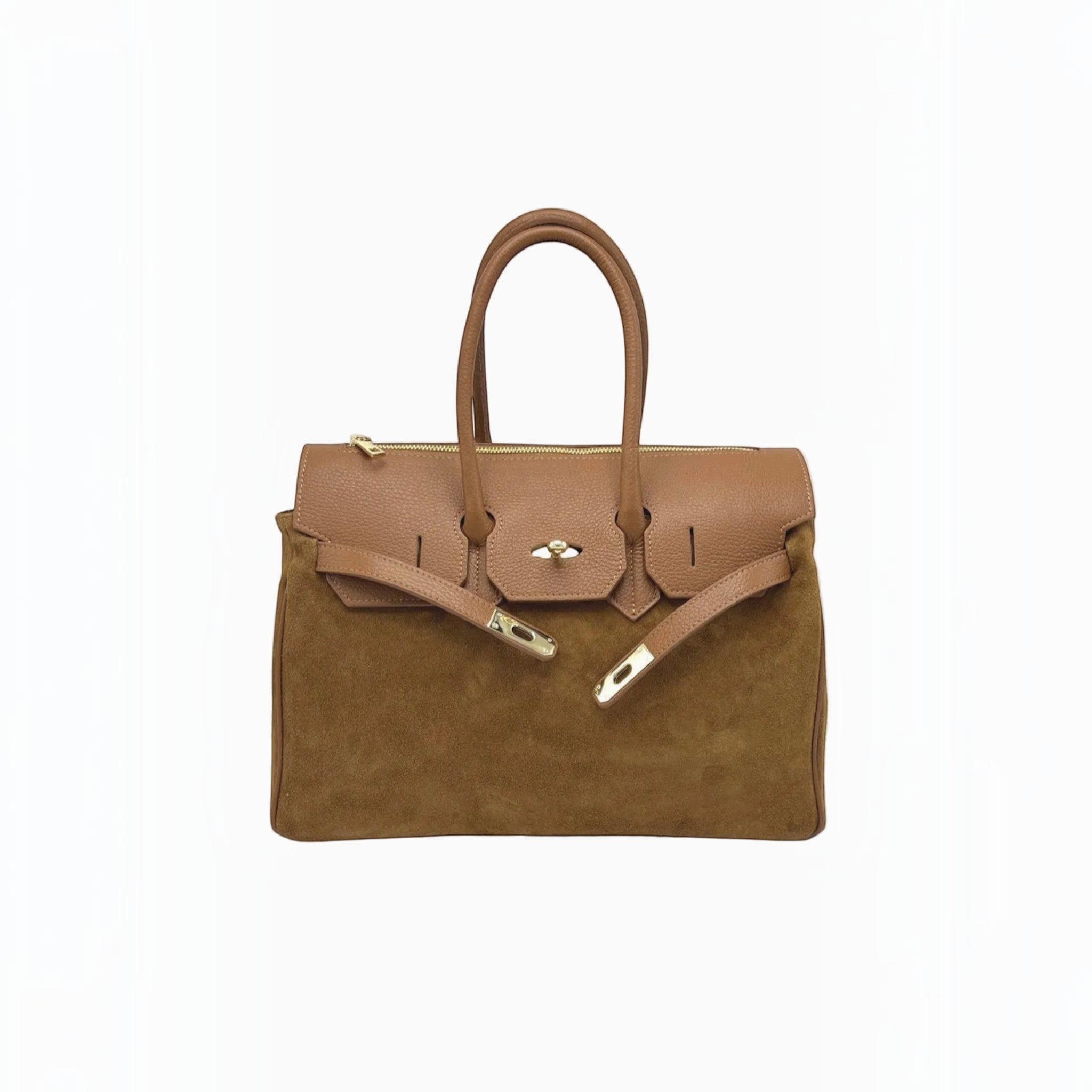 Grand sac à main  SUIE VALENTINI en daim et cuir marron, fabriqué à la main en Italie avec fermoir doré.
