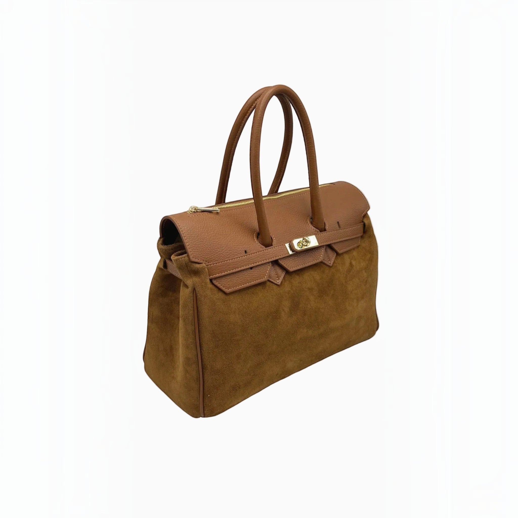 Grand sac à main SUIE VALENTINI en daim marron et cuir grainé avec fermoir doré, fabriqué à la main en Italie.