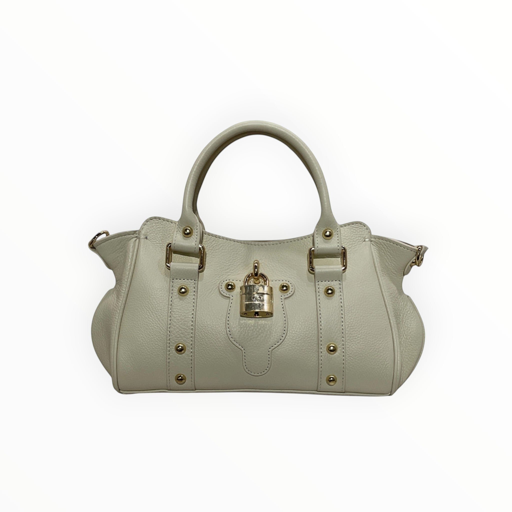 Sac à main LOUISA LEE Madeleine en cuir de vachette grainé blanc cassé avec fermoir cadenas et clous dorés.