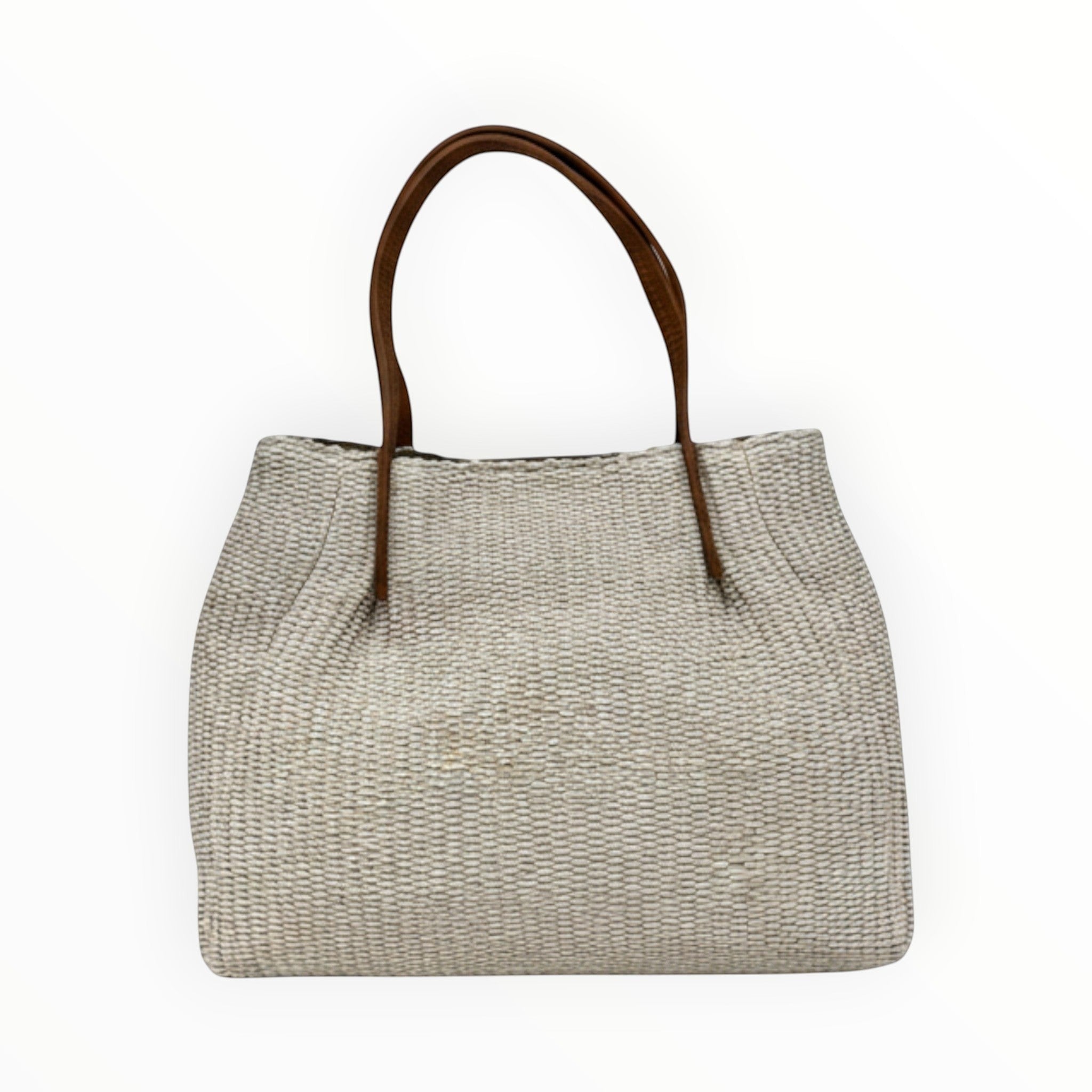 Sac à main Louisa Lee en raphia naturel tressé, garnitures en cuir marron, anses courtes. Style bohème-chic.