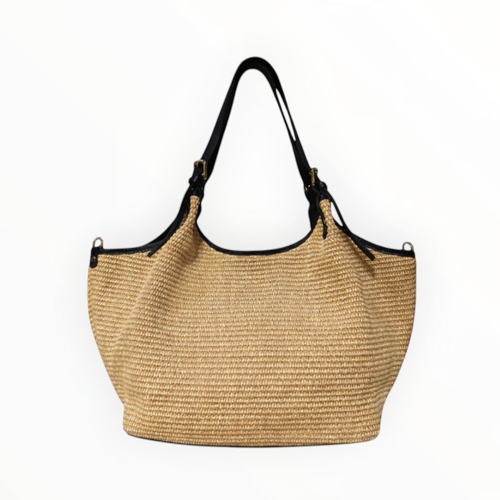 Sac à main LOUISA LEE modèle Olga en raphia tressé naturel et anses en cuir de vachette noir, fabrication italienne