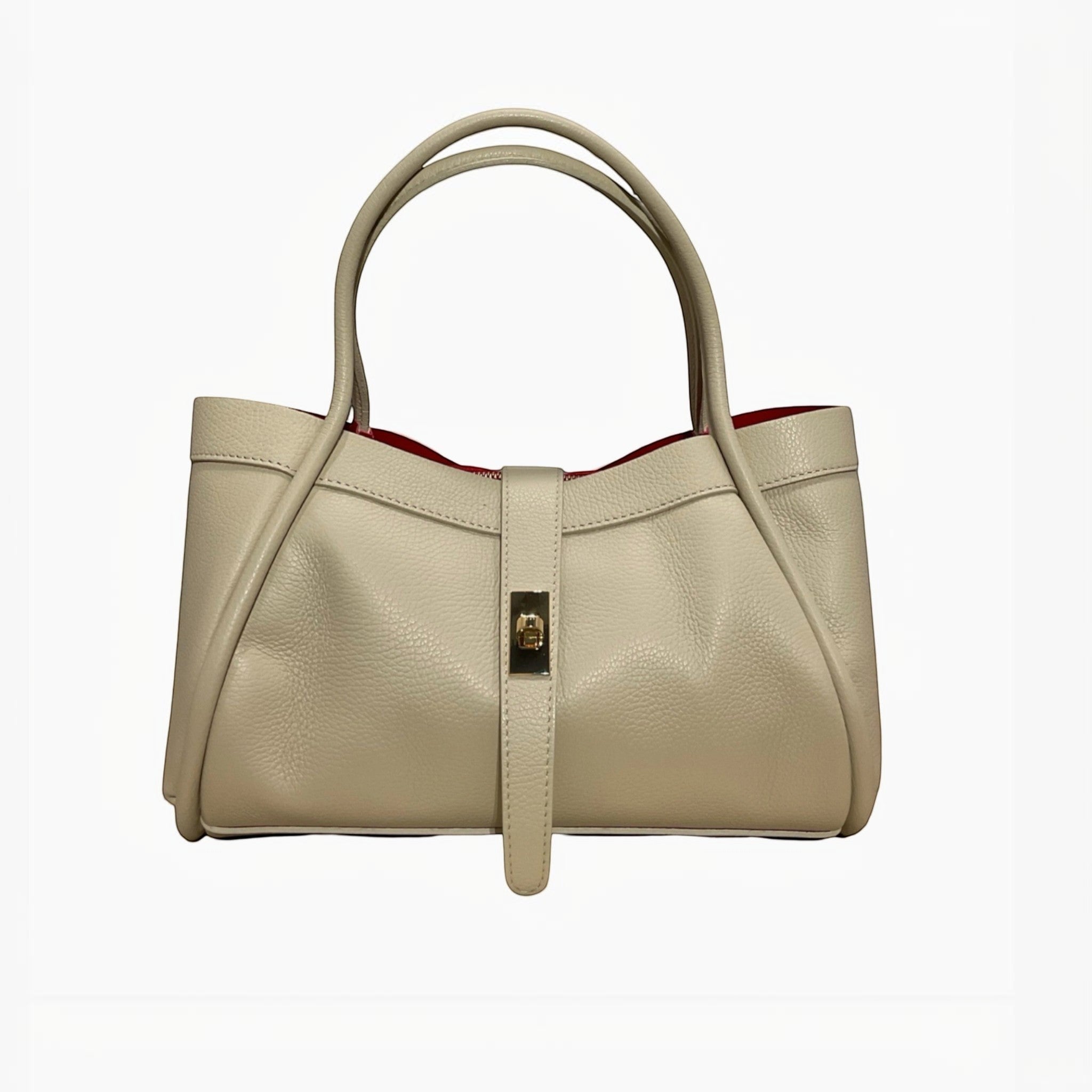 Sac à main mini Hugo LOUISA LEE en cuir grainé beige avec doublure rouge et fermoir doré.