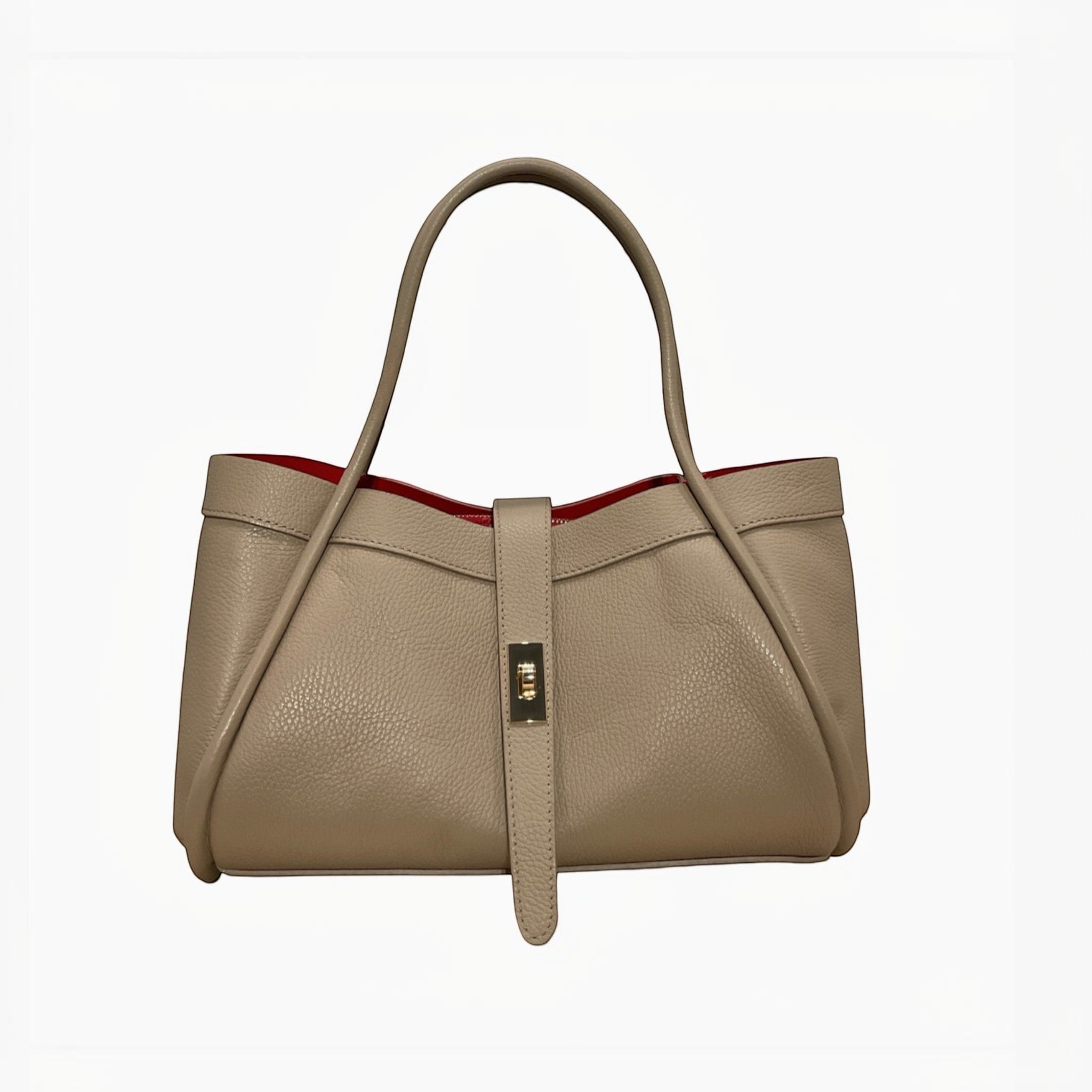 Sac mini Hugo LOUISA LEE en cuir grainé beige avec doublure rouge et fermoir doré. Fabriqué en Italie