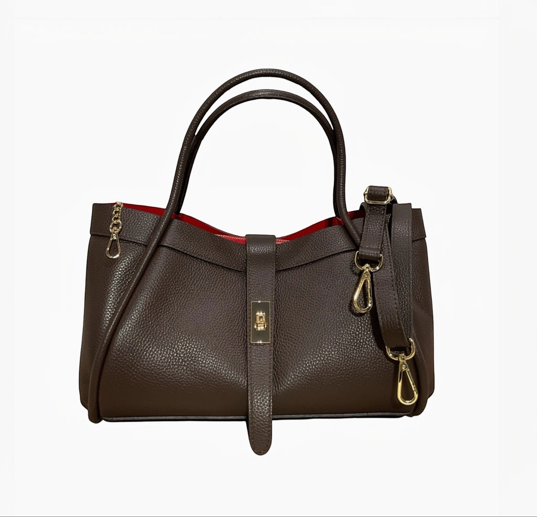 Sac mini Hugo LOUISA LEE en cuir grainé marron foncé avec doublure rouge et détails dorés.