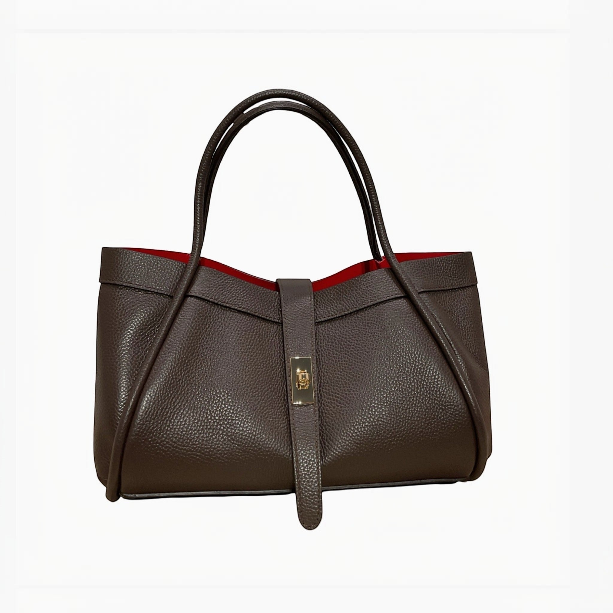 Sac mini Hugo LOUISA LEE en cuir grainé marron foncé, doublure rouge, fabrication italienne