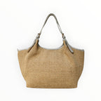 Sac à main Louisa Lee Olga en raphia tressé naturel et cuir de vachette, design italien chic et spacieux.