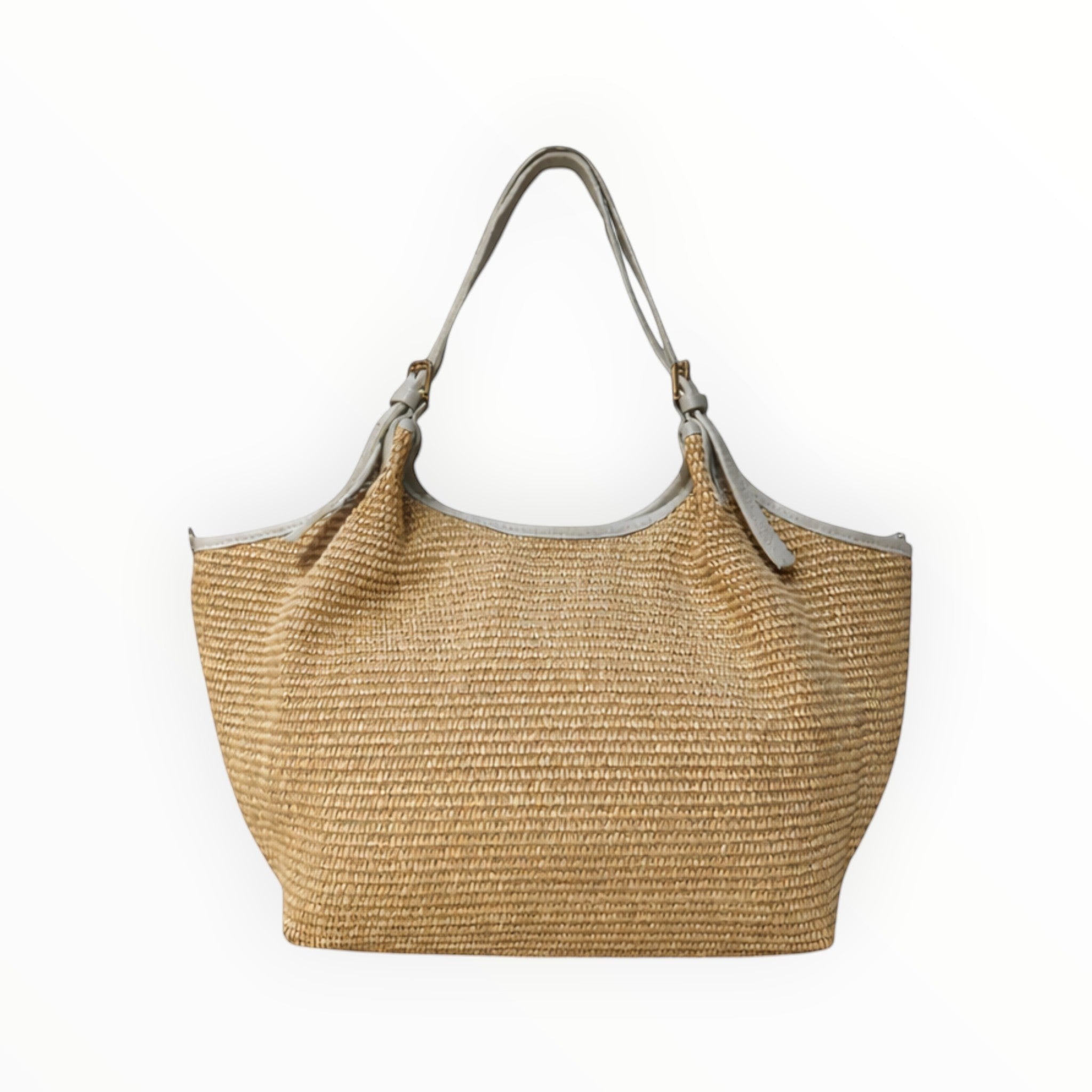 Sac à main Louisa Lee Olga en raphia tressé naturel et cuir de vachette, design italien chic et spacieux.