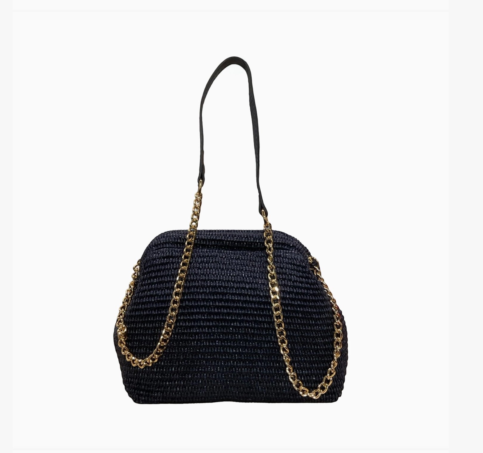 Sac Laure en raphia noir tressé avec fermoir rétro, chaîne dorée et détails en cuir, fabriqué en Italie.