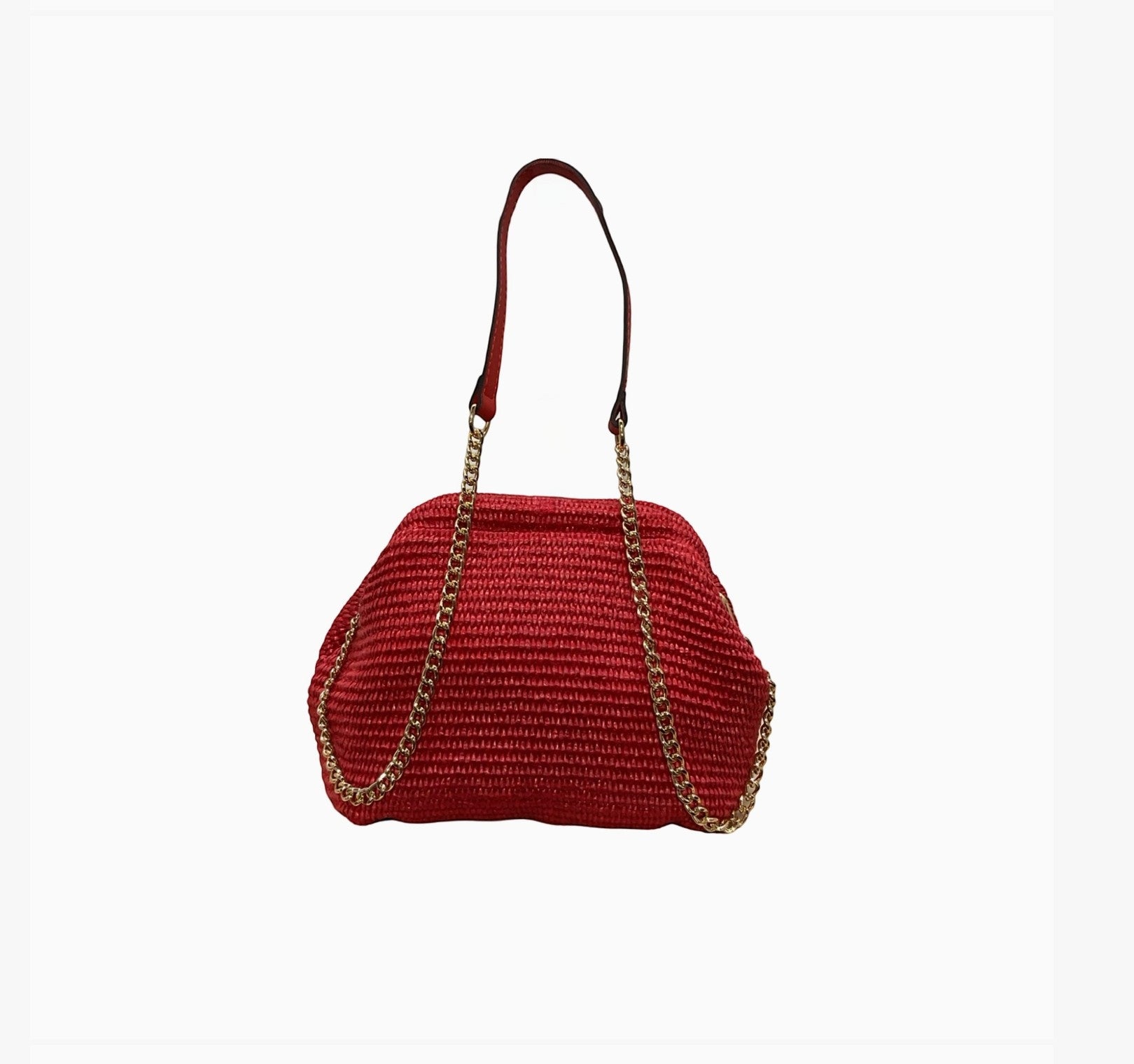Sac rouge en raphia tressé LOUISA LEE  avec chaîne dorée et fermoir rétro, fabriqué main en Italie.