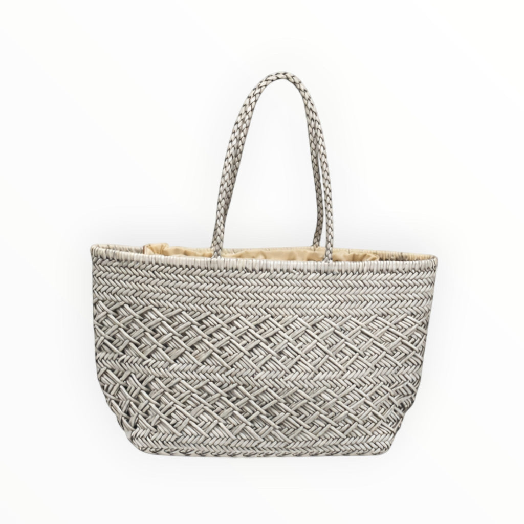 Grand sac shoppingen cuir tressé gris, style bohème-chic avec anses tressées, fabriqué en Italie.