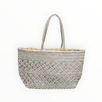 Grand sac shoppingen cuir tressé gris, style bohème-chic avec anses tressées, fabriqué en Italie.