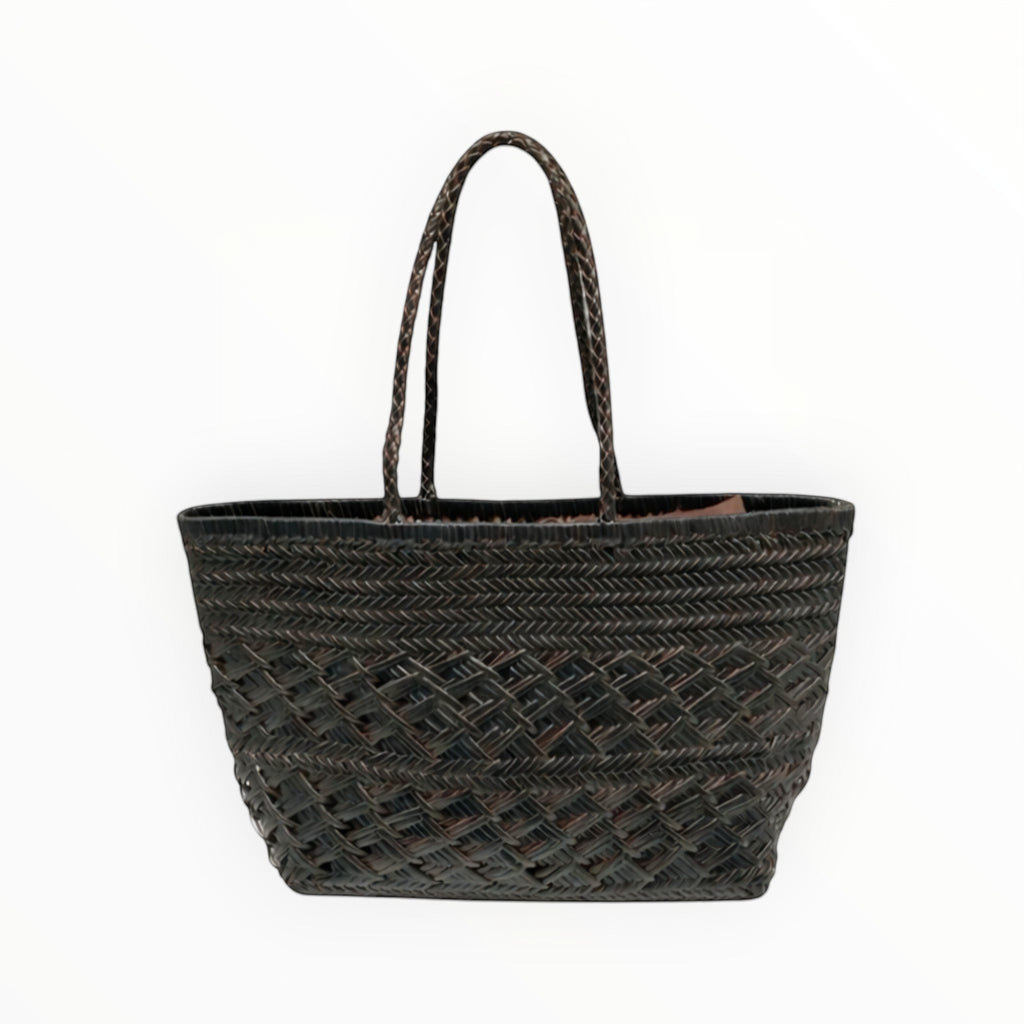 Grand sac shopping  Louisa Lee en cuir tressé noir, style bohème-chic avec anses tressées, fabriqué en Italie.