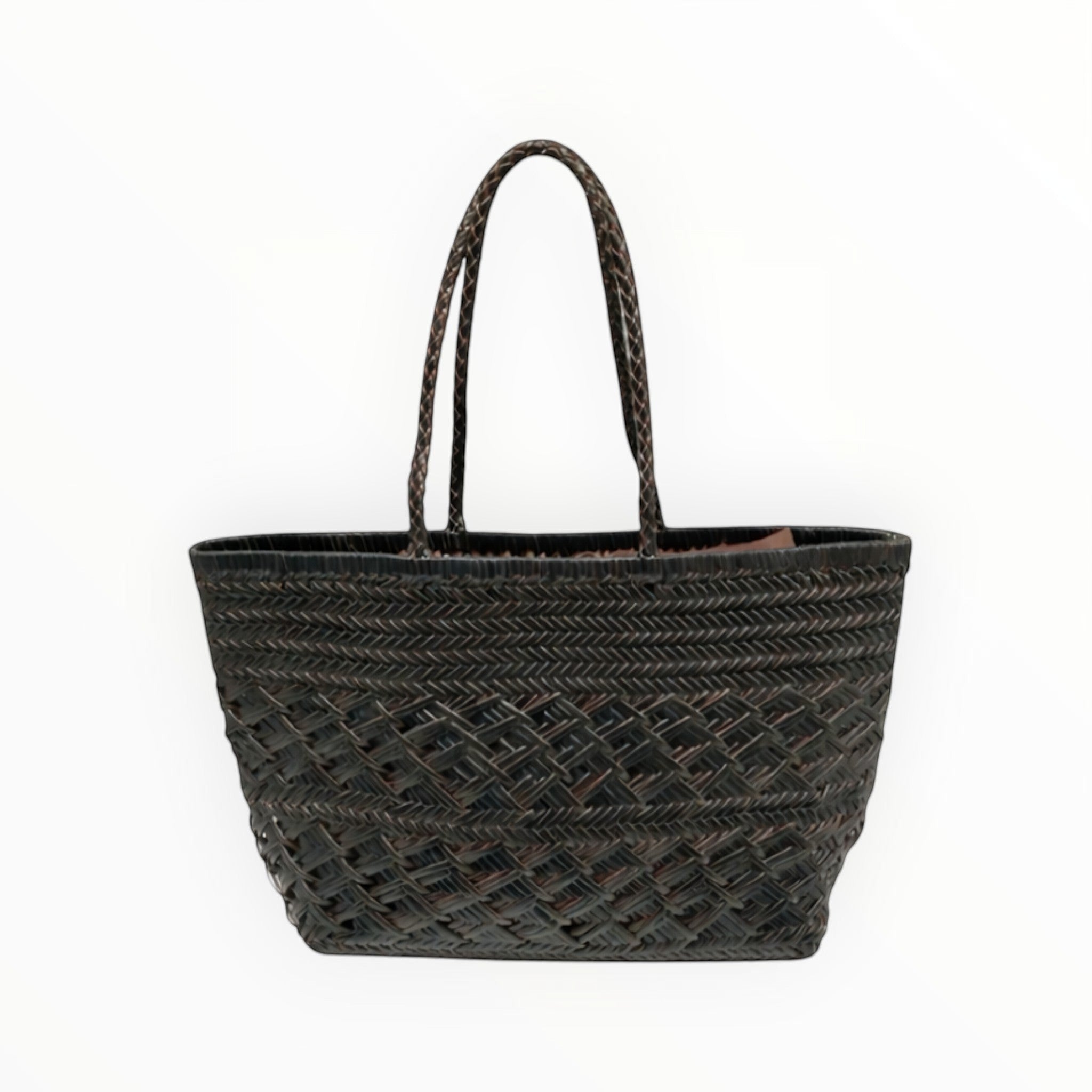 Grand sac shopping  Louisa Lee en cuir tressé noir, style bohème-chic avec anses tressées, fabriqué en Italie.