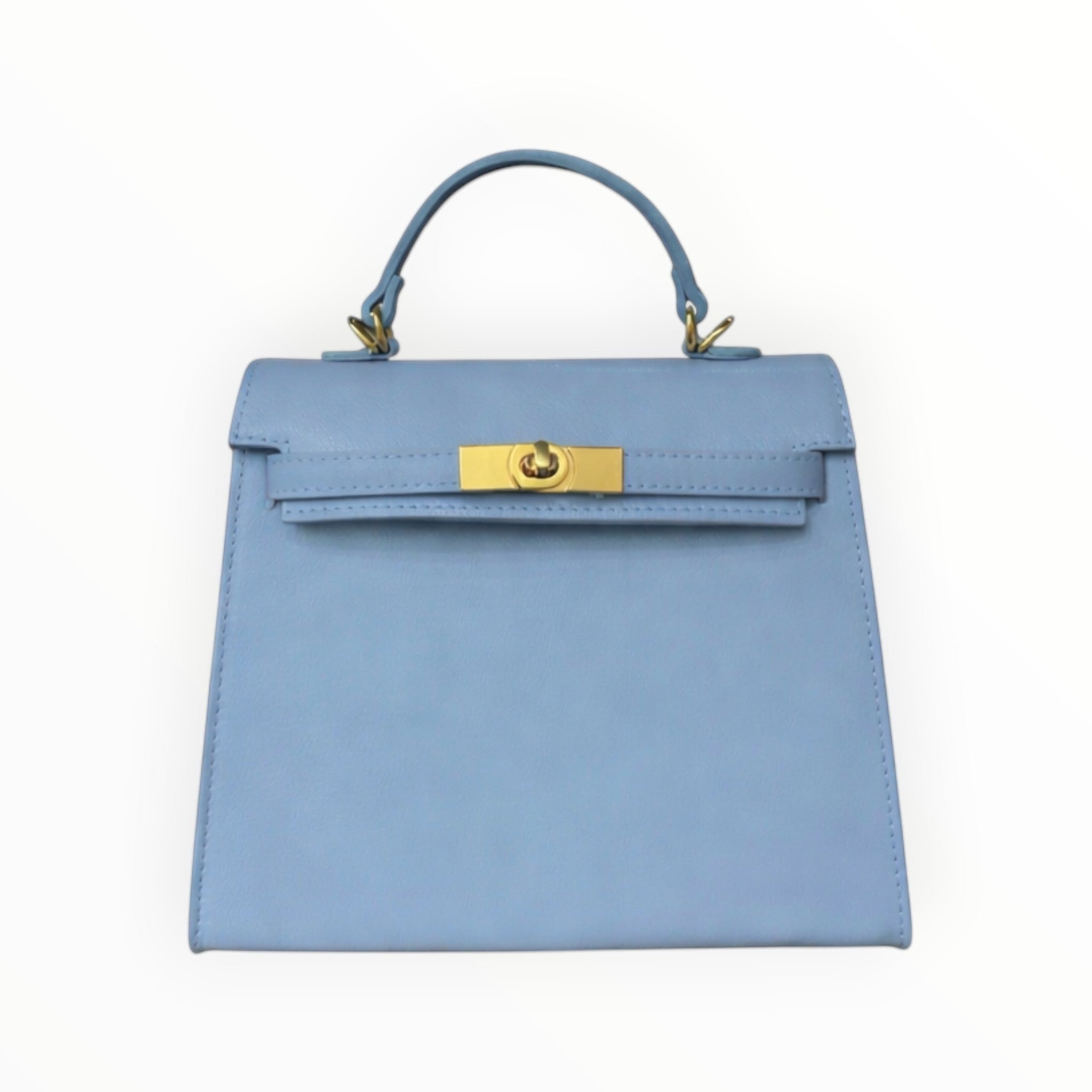 Sac Stella bleu clair en cuir véritable italien LOUISA LEE par BROCK, avec fermoir doré et poignée supérieure.