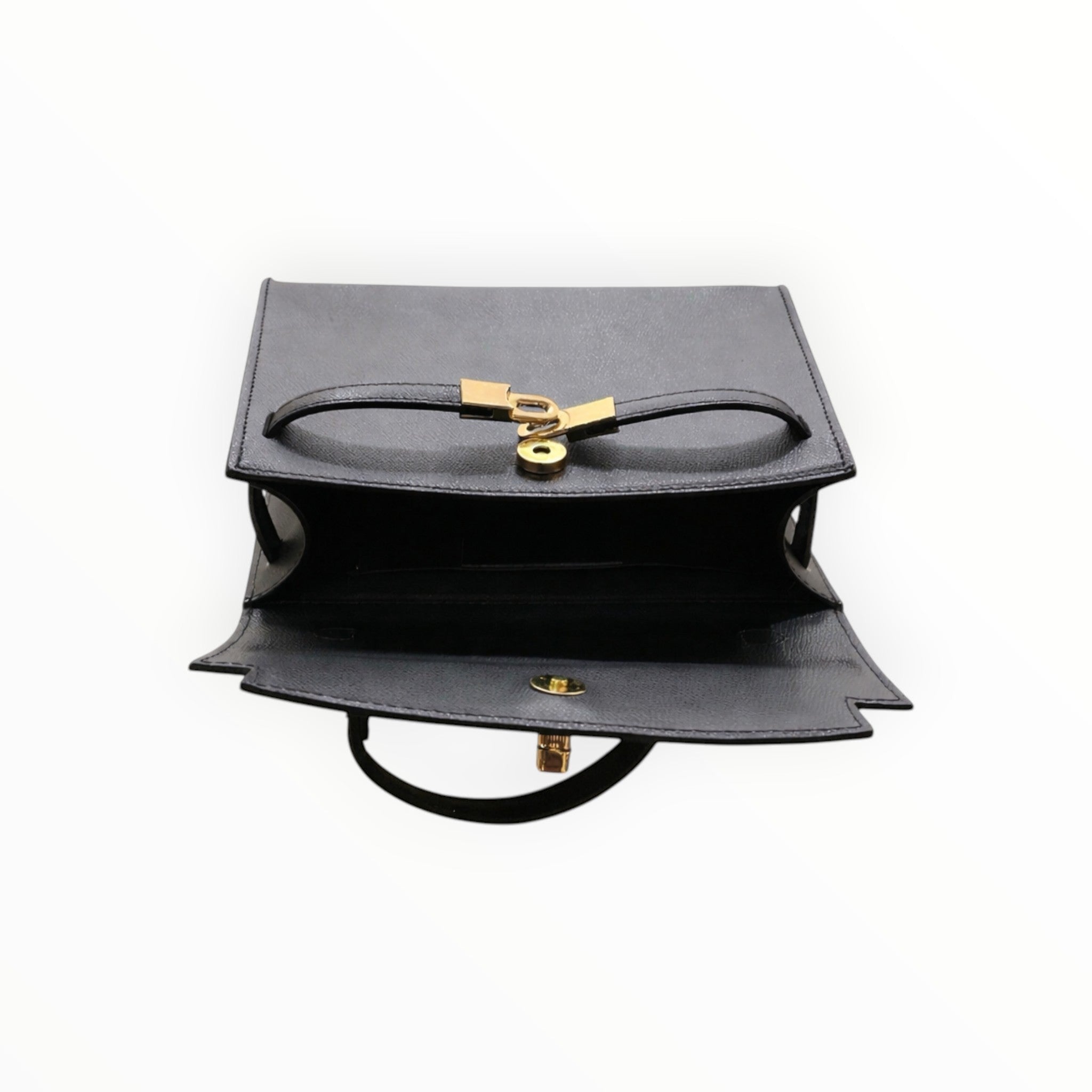 Sac Stella noir en cuir véritable italien LOUISA LEE avec fermoir doré et poignées structurées, idéal pour un look élégant.