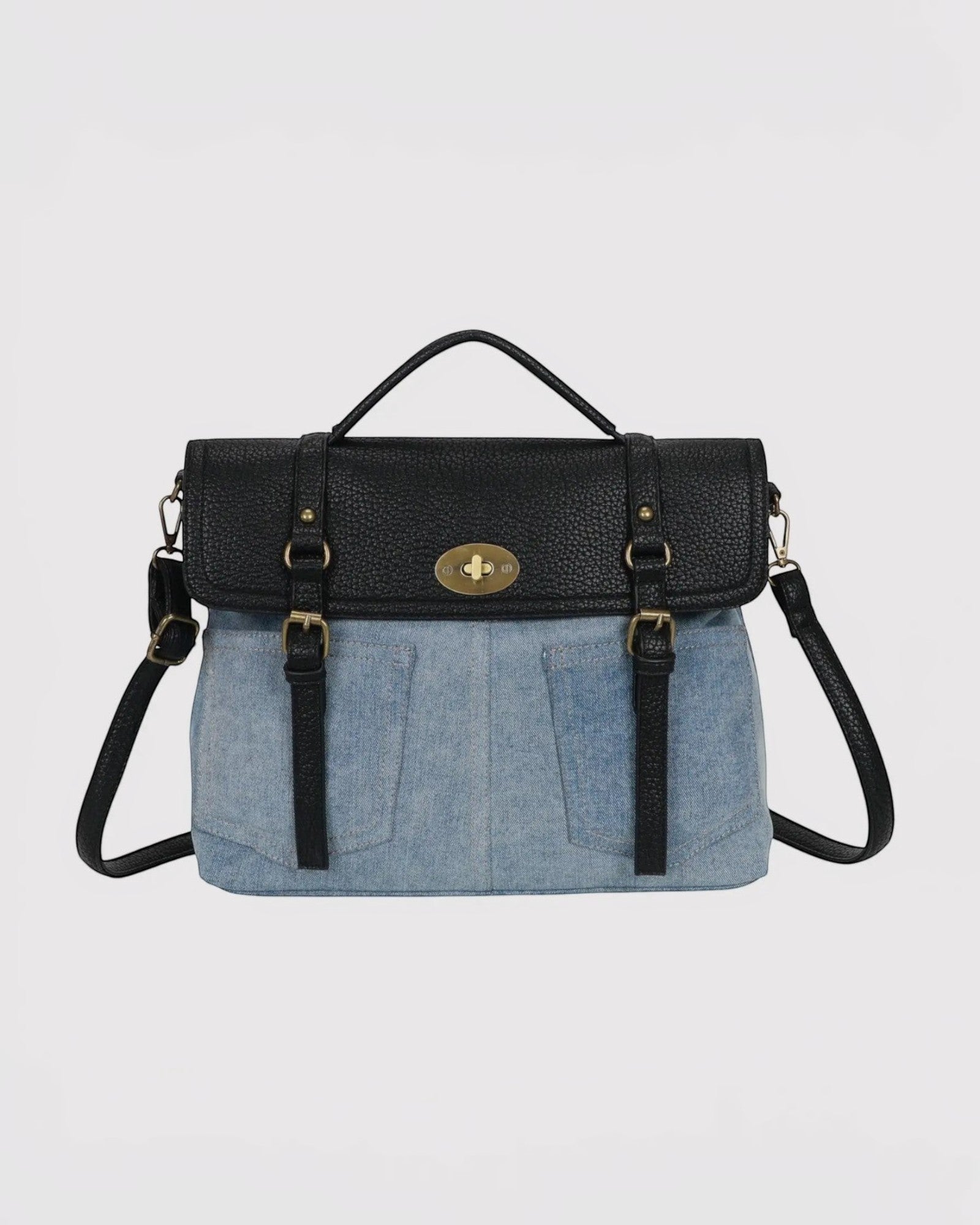 Sacoche bandoulière en toile denim bleu clair et similicuir noir avec fermoir doré