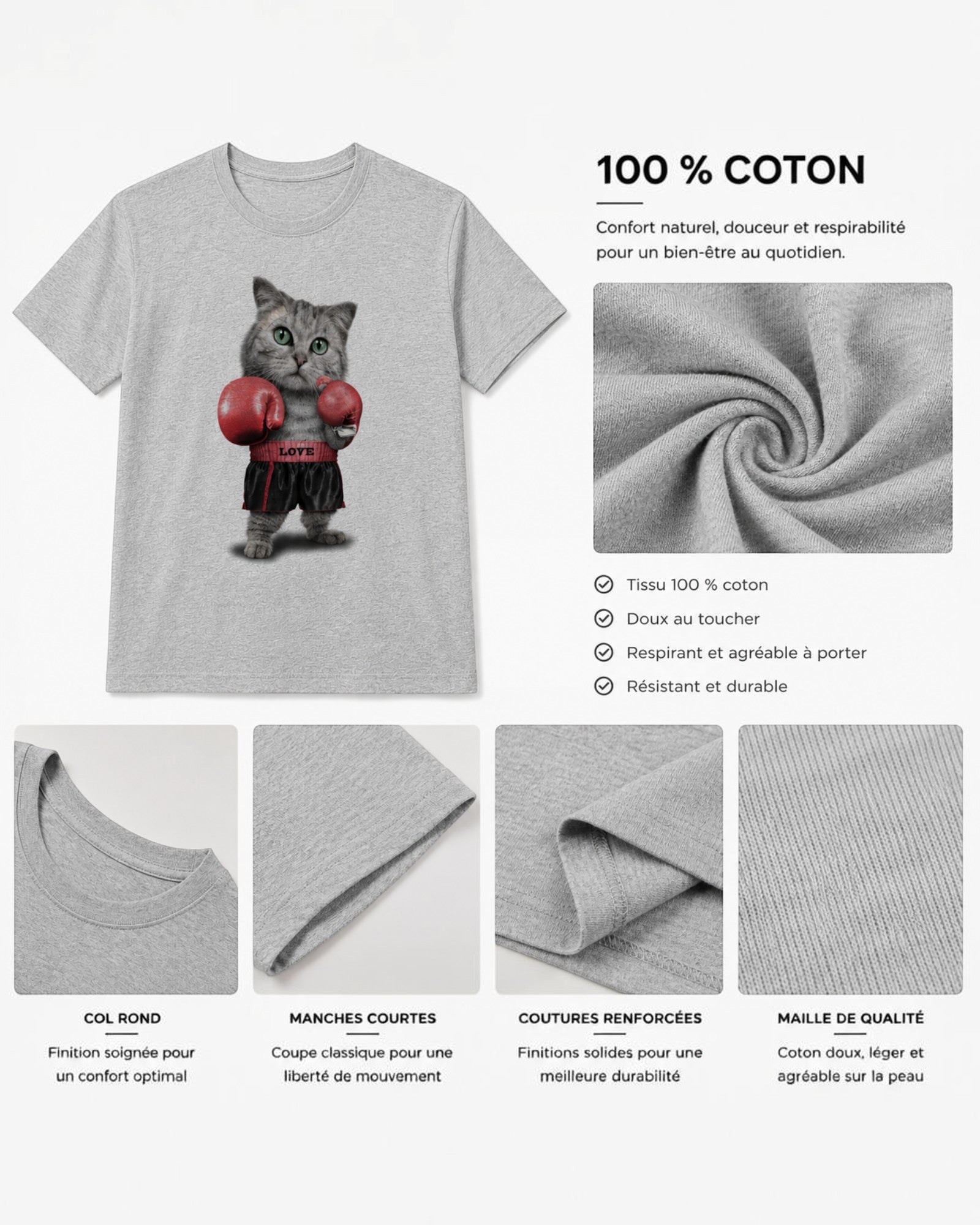 T-shirt gris chiné pour femme avec un chat boxeur imprimé, 100% coton biologique, col rond, manches courtes.