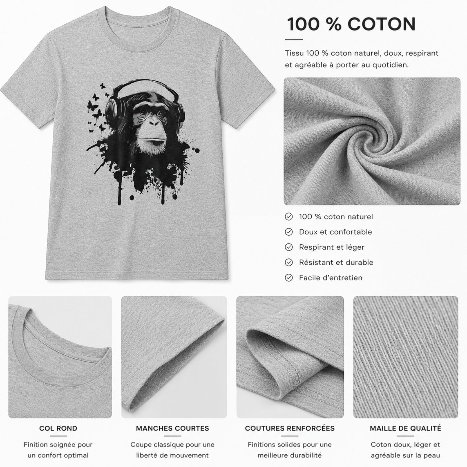 T-shirt gris en coton biologique pour homme avec imprimé singe casqué et papillons, col rond, manches courtes.