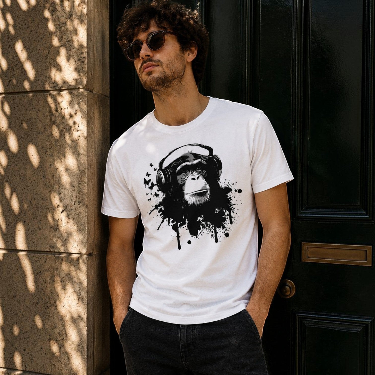 T-shirt blancen coton biologique avec imprimé singe aux écouteurs, coupe ajustée, col rond.
