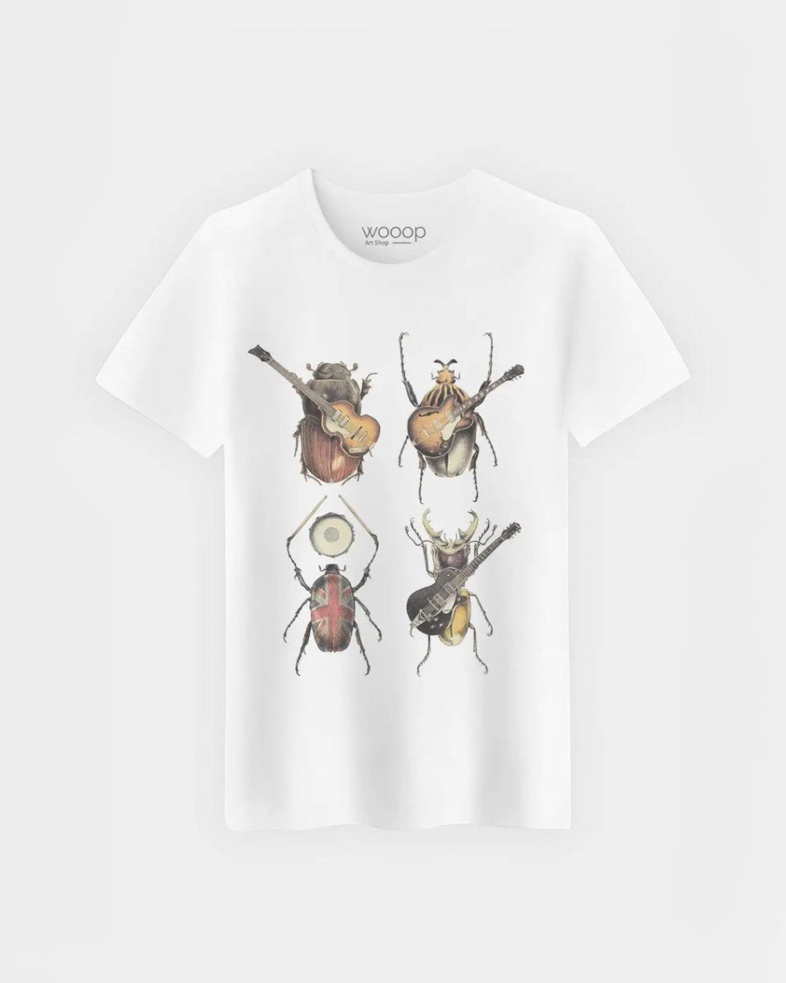 BROCK T-shirt blanc en coton biologique pour homme avec imprimé Beetles jouant de la musique. Coupe ajustée, col rond.