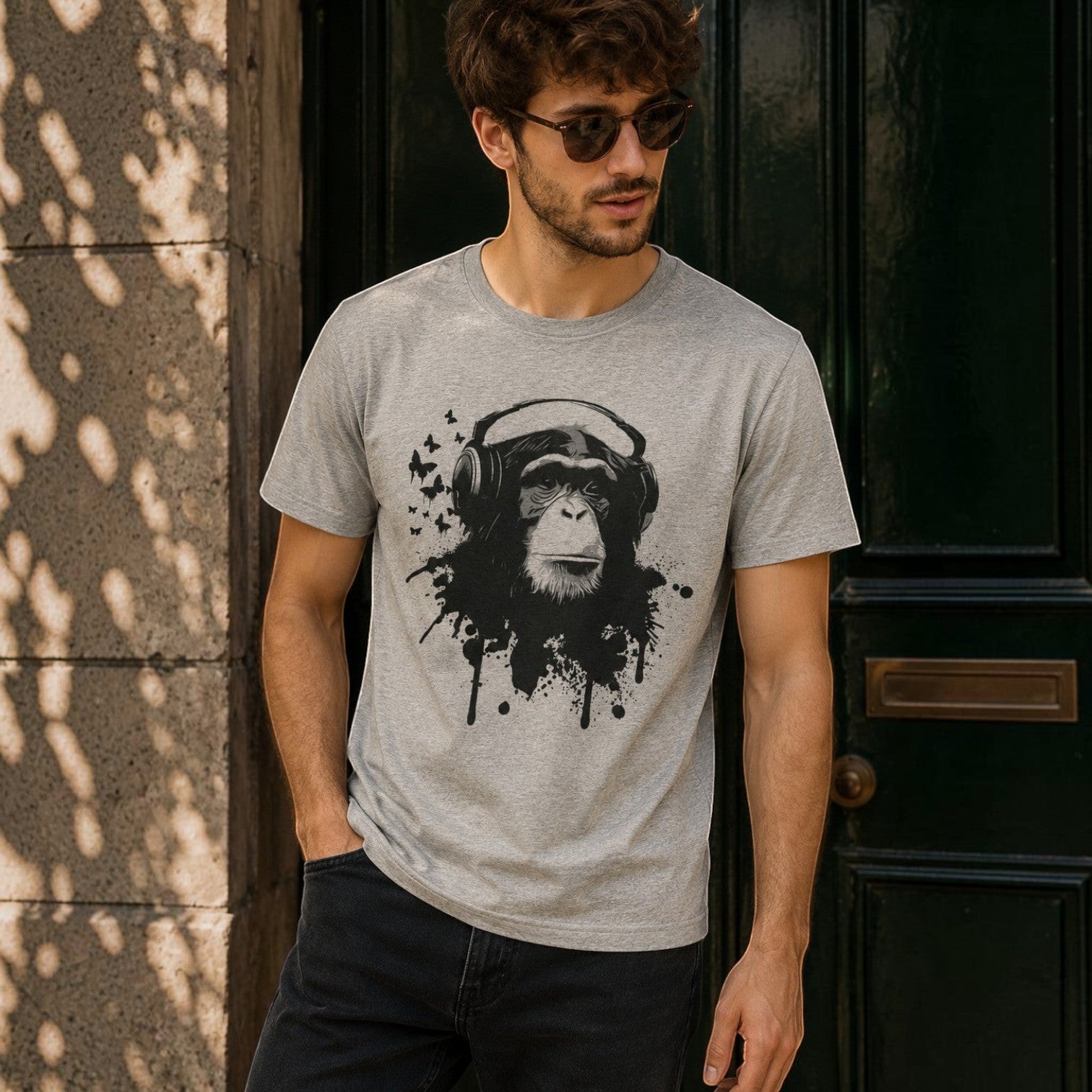 T-shirt gris en coton biologique avec un imprimé singe aux écouteurs et des papillons. Coupe ajustée, col rond.